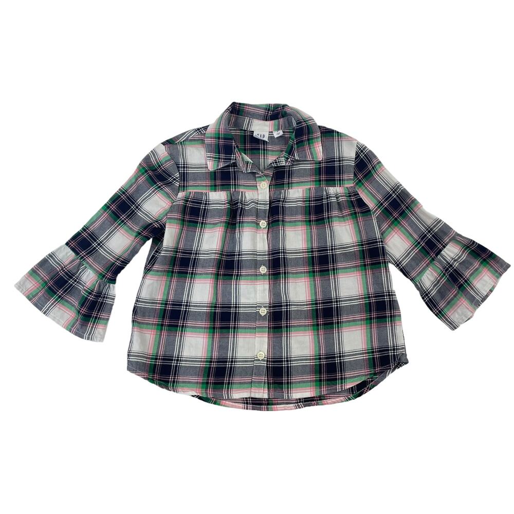 Gap Kids Button Up Plaid Bell Sleeve Top Pink Navy Girls Small